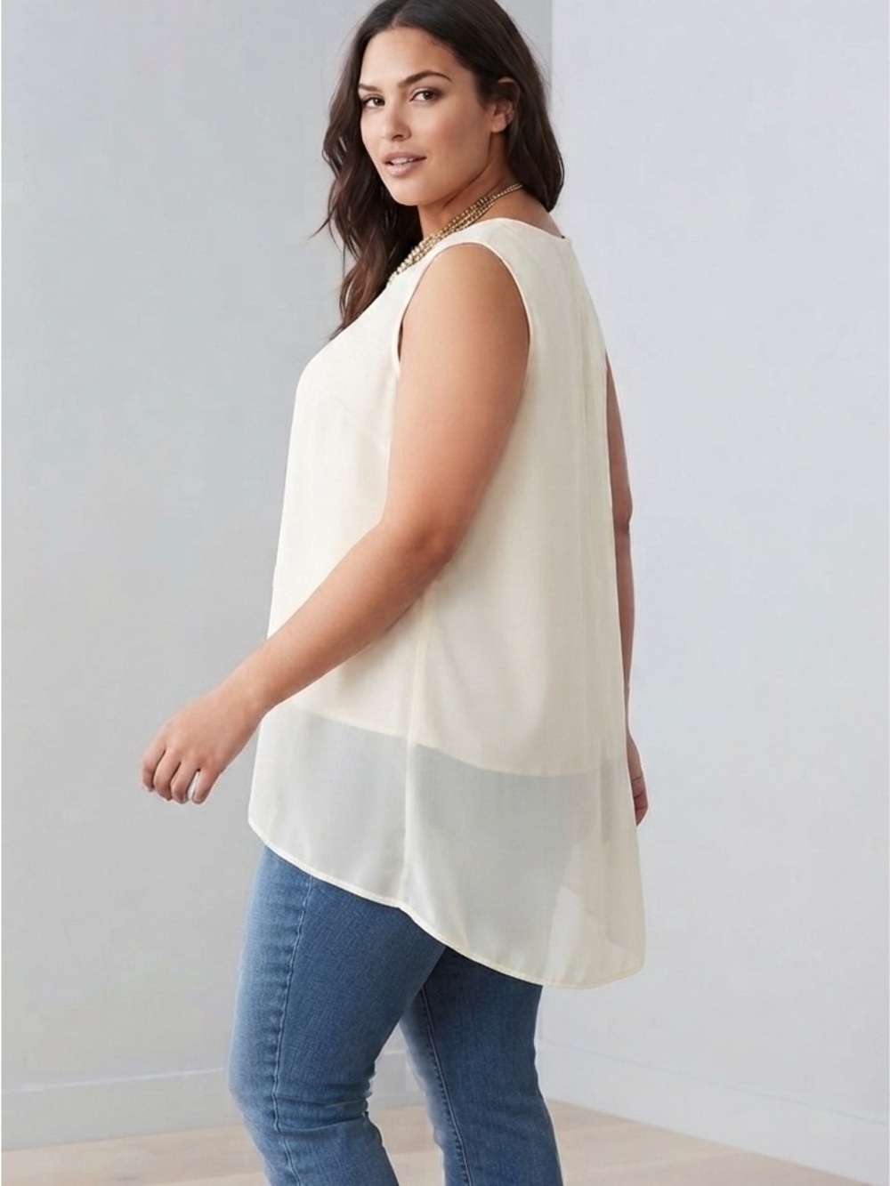 TANJAY Cream Double Layer High Low Sleeveless Blouse Size 16